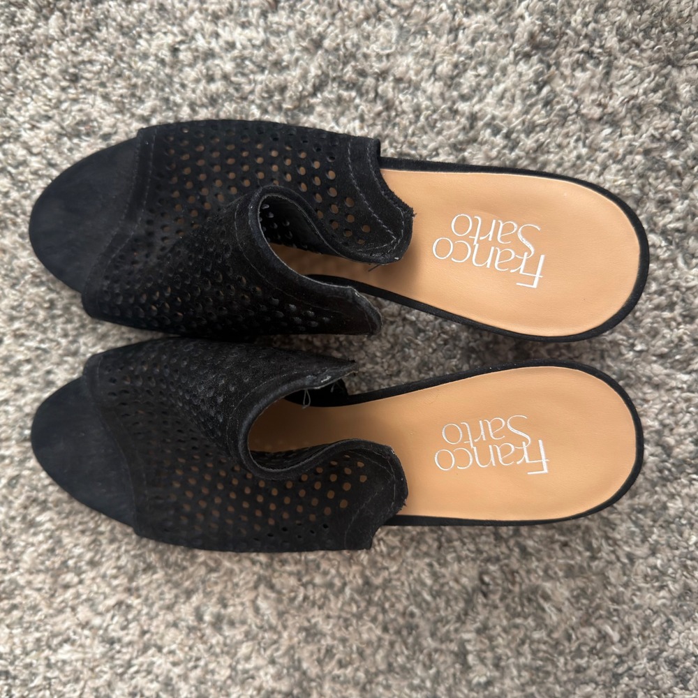 Franco Sarto Womens Black Suede Perforated Block Heel Slide Sandals Mules 9.5